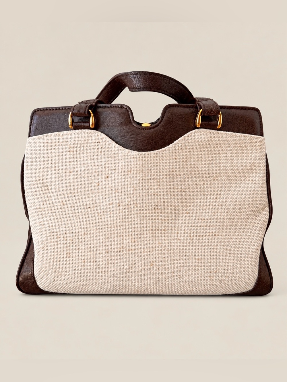 Vintage 1970s 80s Linen Leather Structured Handbag